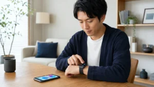 Mibro Fitでスマートウォッチとスマートフォンをペアリングする日本人男性