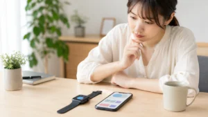 mibroスマートウォッチとスマートフォンを比較して購入を検討する日本人女性