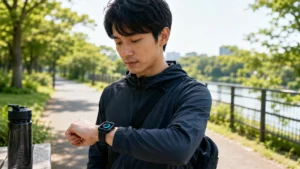 公園でGPSや運動記録対応スマートウォッチを確認する日本人男性