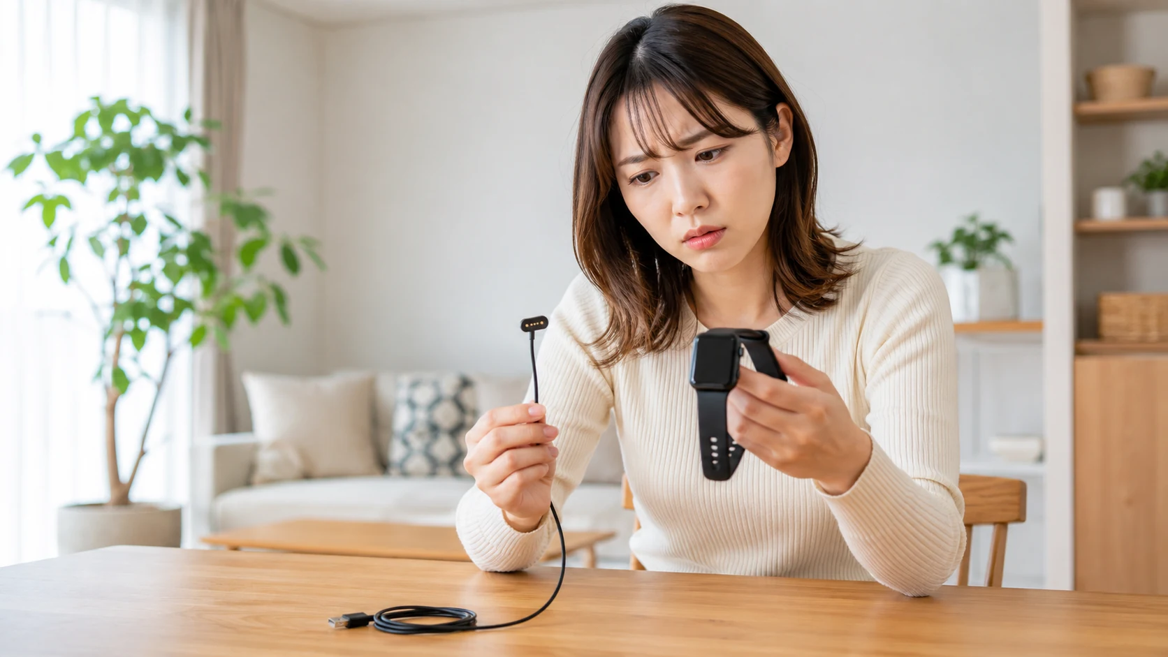スリコのスマートウォッチが充電できず日本人女性がマグネット式充電ケーブルを確認する様子