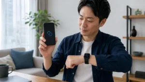 日本人男性がスマートフォンとスリコのスマートウォッチのBluetooth接続を確認している様子