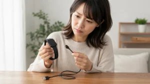 スリコのスマートウォッチが充電できず日本人女性が充電ケーブルを確認している様子
