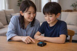 自宅で保護者と小学生高学年がスマートウォッチを確認している様子