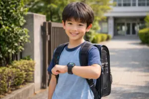 小学生高学年が学校付近でスマートウォッチを着用している様子