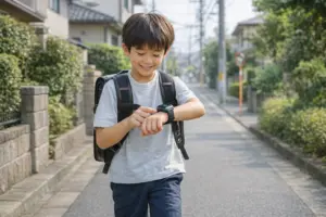 小学生高学年の男の子が通学路でスマートウォッチを身につけて歩いている様子