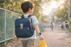 登校や習い事の移動中に子どもがキッズスマートウォッチを着けている生活イメージ（見守りと連絡が目的）