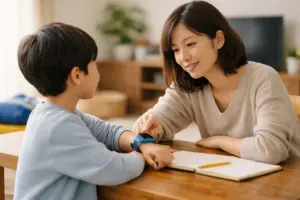 myFirst Foneを解約する前に、家庭で親子が使い方や運用を見直しているイメージ