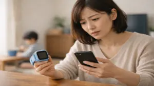 マイファーストフォンの不具合に不安を感じている保護者のイメージ