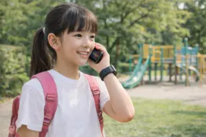 小学生高学年の女の子がスマートウォッチで通話している様子
