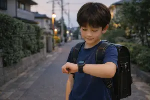 小学生高学年がスマートウォッチを確認している様子