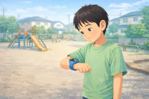 小学生高学年がスマートウォッチを身につけて外出している様子