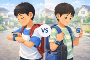 スマートウォッチとキッズケータイの違いを比較したイラスト