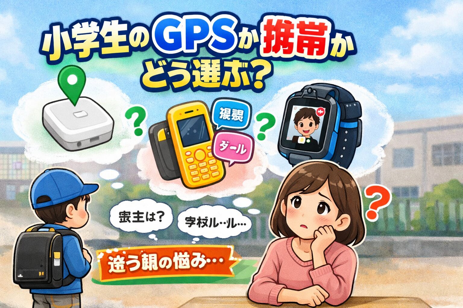 小学生のGPSか携帯かで悩む保護者と子どものイメージ