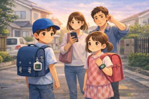 小学生にGPSか携帯かスマートウォッチで迷う保護者のイメージ