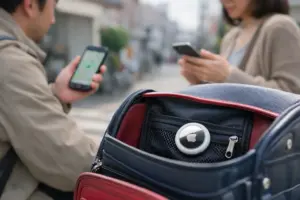 小学生のランドセルに入れたエアタグが周囲のスマホで位置情報を検知する仕組みのイメージ
