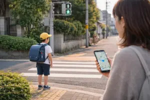 小学生の通学中に横断歩道で見守りとしてエアタグやGPSを確認する保護者のイメージ
