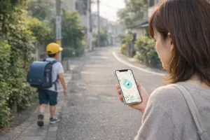 小学生の通学をGPSやエアタグで見守るためスマホで位置確認する保護者
