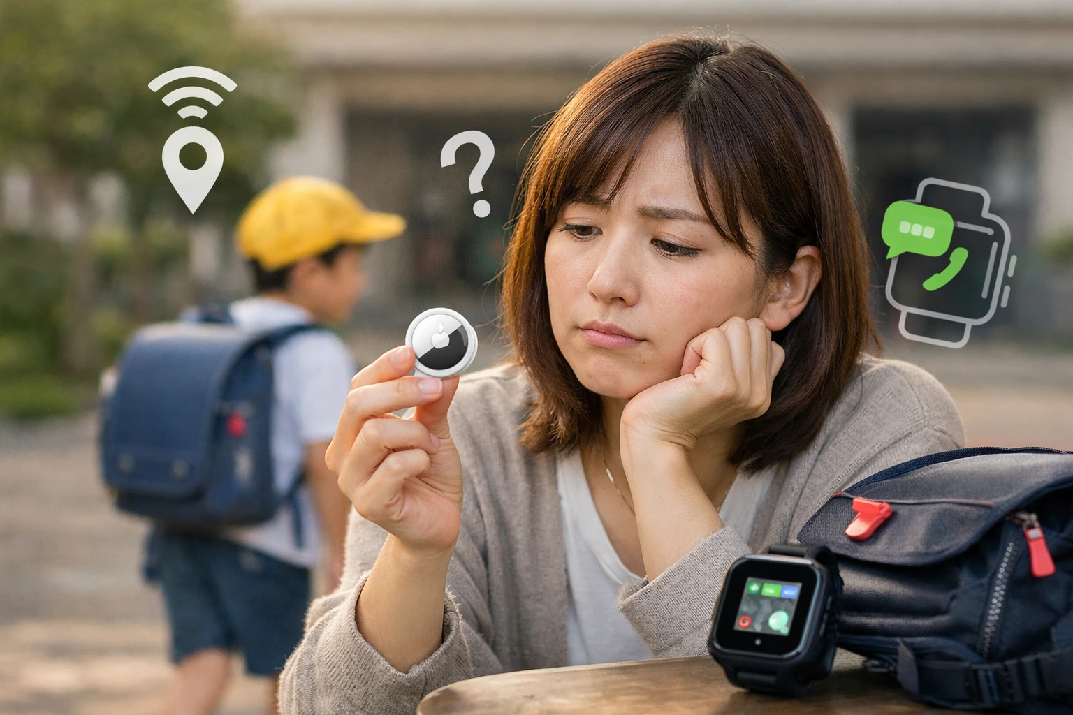 小学生のGPSにエアタグを使うか悩む保護者とスマートウォッチの比較イメージ