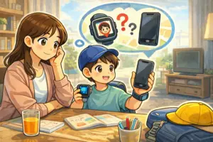 高学年の小学生がGPSスマートウォッチとスマホのどちらにするか親と一緒に迷っている様子