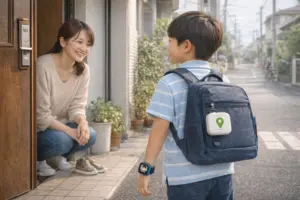 小学生の登下校をGPSとスマートウォッチで見守る保護者のイメージ