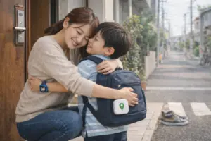 GPSで見守られ無事に帰宅した小学生と保護者の安心する様子
