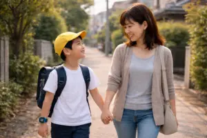 エアタグやスマートウォッチを併用して小学生の安全を見守る日本の家庭イメージ
