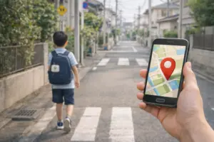 小学生の通学路をGPSで見守る保護者のスマートフォン画面のイメージ
