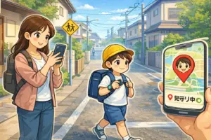 小学生がGPSスマートウォッチを着けて登校し保護者が位置情報を確認する様子