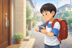 小学生が登校前にスマートウォッチで見守り確認している様子