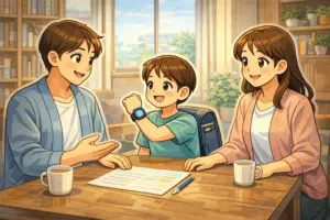 小学生のGPSをいつまで使うか家族で話し合っている日本の家庭の様子
