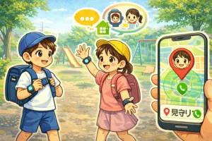 公園で遊ぶ小学生がGPSスマートウォッチを着け保護者がスマホで位置情報を確認している様子