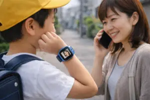 小学生がキッズスマートウォッチで保護者と連絡を取る双方向見守りのイメージ
