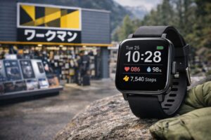 ワークマンのスマートウォッチの実機と店舗外観イメージ