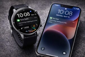 ナッシングスマートウォッチ3とiPhoneを連携させた通知画面を示すリアルな使用イメージ画像