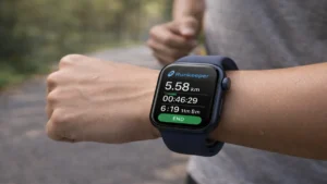 Apple WatchでRunkeeperを単体起動しランニング中に距離とペースを確認しているリアルなシーン