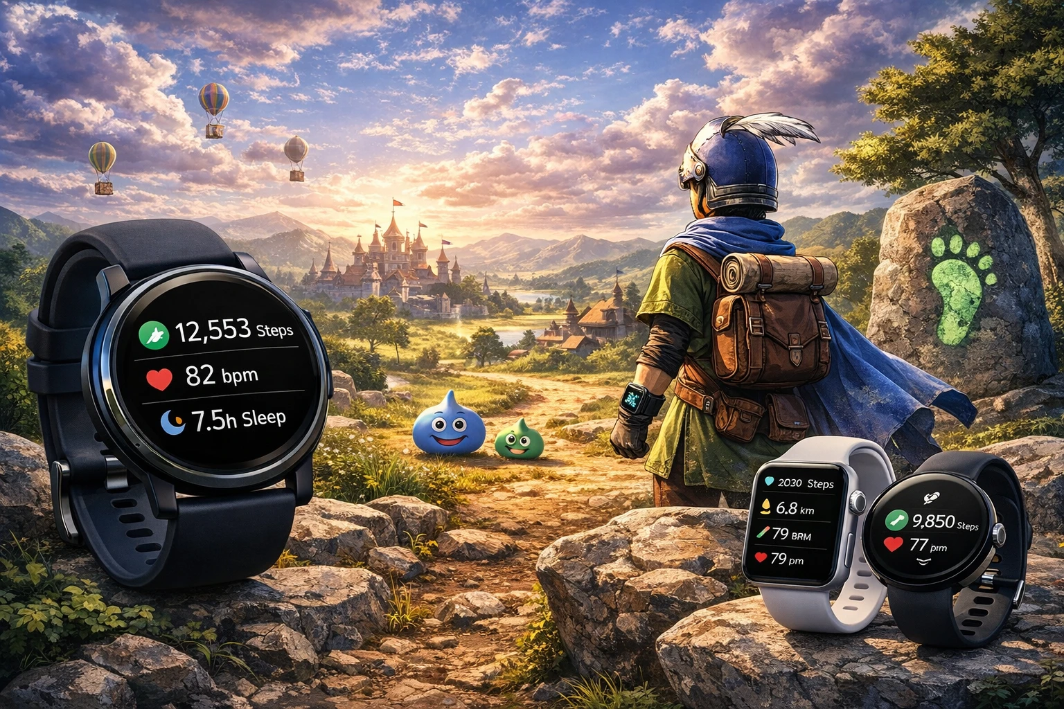 ファンタジー世界で冒険者とスマートウォッチが描かれたドラクエウォーク連携イメージ