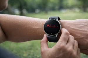 ギャラックのスマートウォッチで心拍や睡眠データを確認しているリアルな画像
