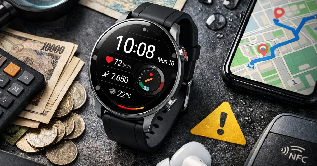 ナッシングスマートウォッチ3の価格や注意点を象徴するCMF Watch 3 ProとNFCやGPS、iPhone連携をイメージしたリアルなアイキャッチ画像