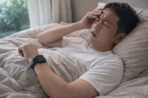 朝ベッドでスマートウォッチのアラーム振動で目覚める人物のリアルなイメージ