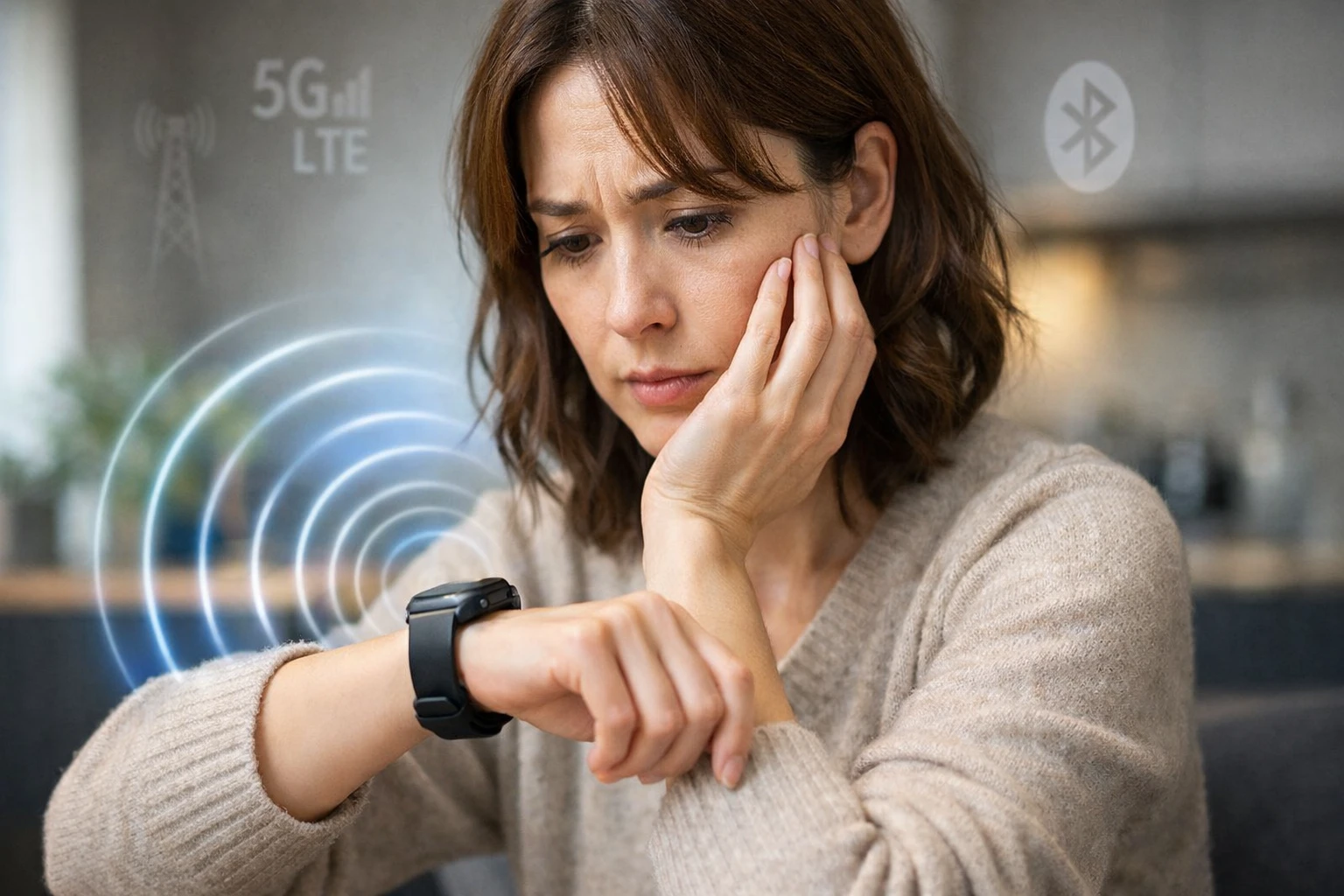 スマートウォッチを装着し電磁波の影響を心配そうに見つめる女性のリアルなイメージ