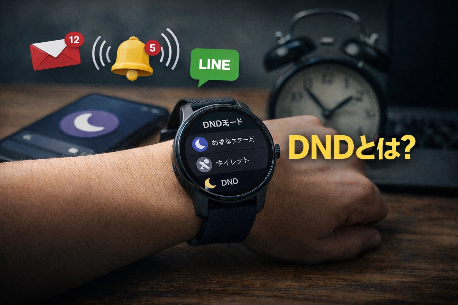 スマートウォッチのDNDとは何かを解説するアイキャッチ画像で通知設定画面が表示された腕時計