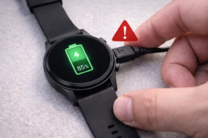USB充電中の格安スマートウォッチGT2を安全確認しているリアルなクローズアップ写真