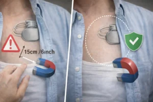 ペースメーカーと磁石の距離15cm以上を保つ必要性を示す比較イメージ