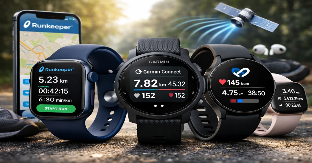 スマートウォッチでRunkeeperを連携している様子のリアルなランニングシーン（Apple Watch・Garmin・Wear OS対応イメージ）