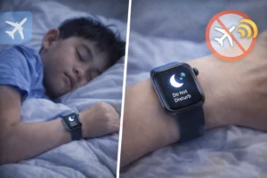 睡眠中にスマートウォッチを機内モードに設定しているイメージ