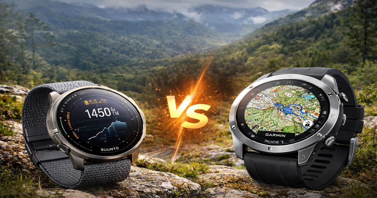 スントとガーミンのスマートウォッチを山岳背景で比較したリアルイメージ