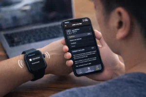 スマートウォッチのアップデート後に振動設定を確認しているユーザーのリアルなイメージ