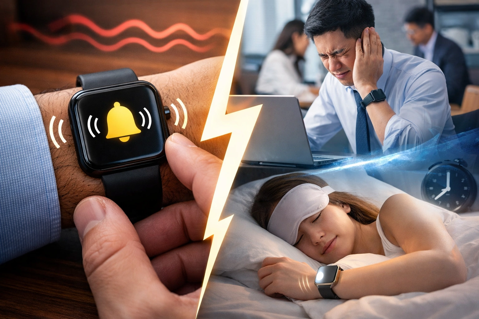スマートウォッチの通知バイブが強いシーンと仕事中や就寝中の対比イメージ