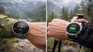 登山中にスントとガーミンのバッテリー残量表示を比較しているリアルイメージ