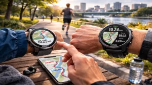 ランニング後にスントとガーミンのGPSログを比較しているリアルイメージ